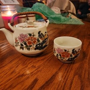 Vintage Asahi Sata Gordon Japanese Teapot and Cup Set, Floral & Bird Design